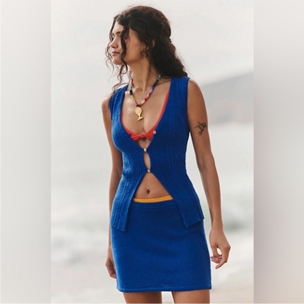 Free People Rhea Vibrant Blue Two piece sweater/skirt set